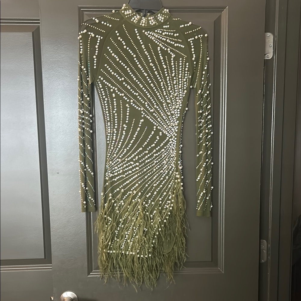 Green Beaded Dress with Feather Hem